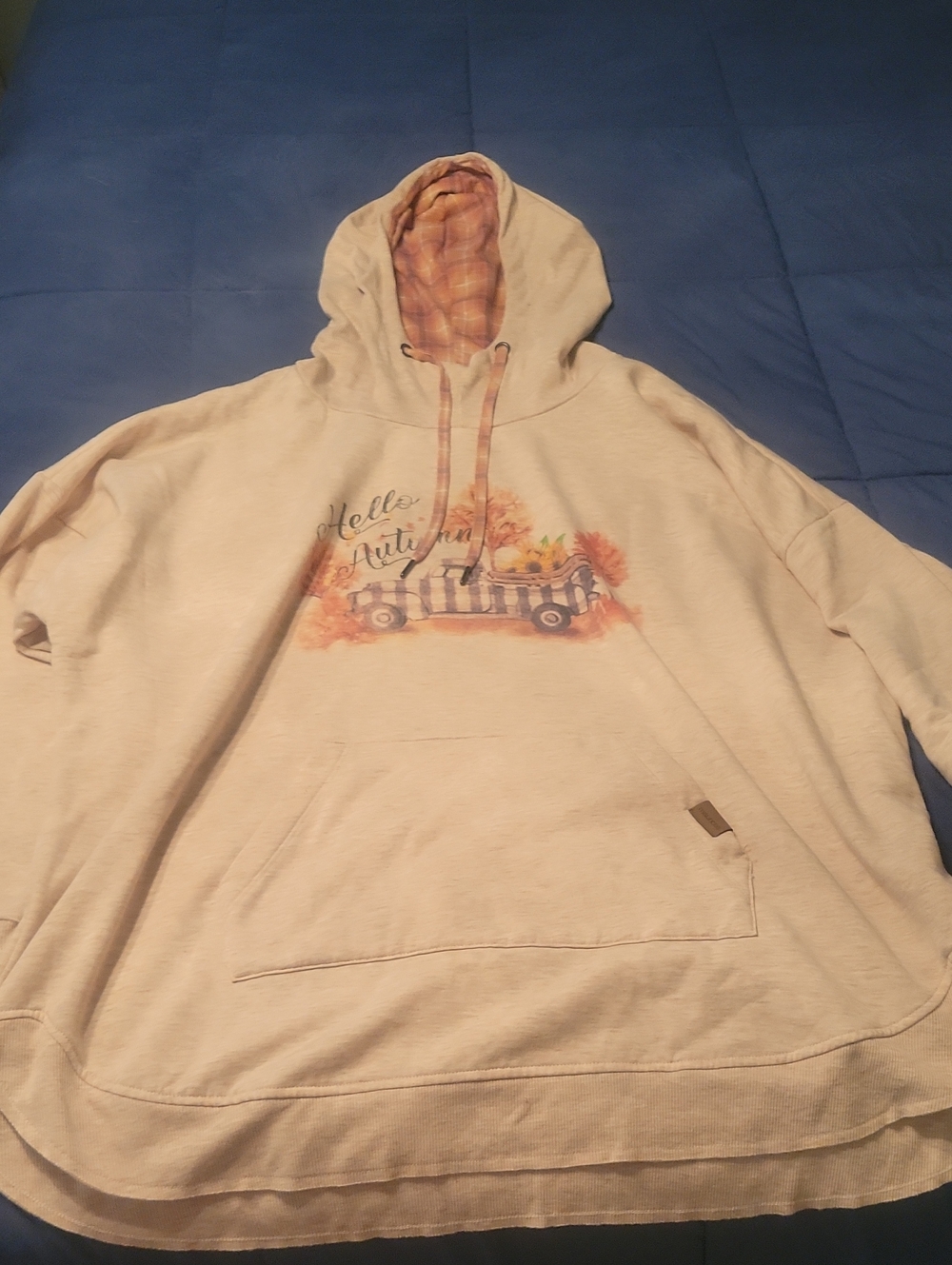 Maurices Cream Heathered Hooded Sweatshirt with Plaid Lining and Autumn Graphic